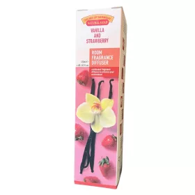   VANILLA & STRAWBERRY (VANÍLIA ÉS EPER) ILLATOSÍTÓ DESIGNER DÍSZÜVEGGEL ÉS DEKORATÍV BAMBUSZPÁLCIKÁKKAL 120 ML