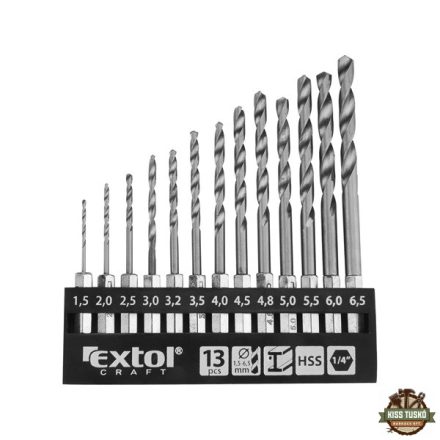 fémcsigafúró klt., 13db, HSS; 1,5-6,5mm, 1/4" BIT befogás, polírozott, műanyag tartóban, bliszteren