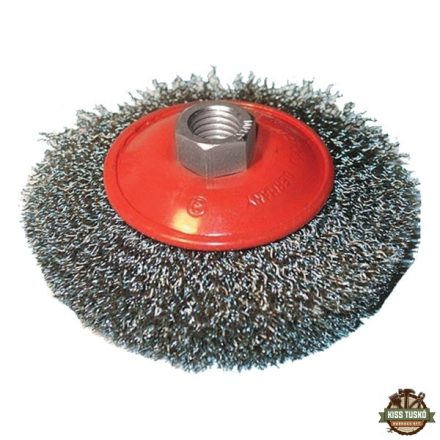 drótcsiszoló körkefe, kúpos; hullámos szálú ; sarokcsiszolóhoz, M14×2 100mm, ford.: 12500