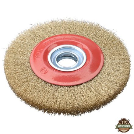 drótcsiszoló körkefe kettős köszörűre, 150mm, 32mm átm, műa. adapterek, hullámos szálú, rezezett acél