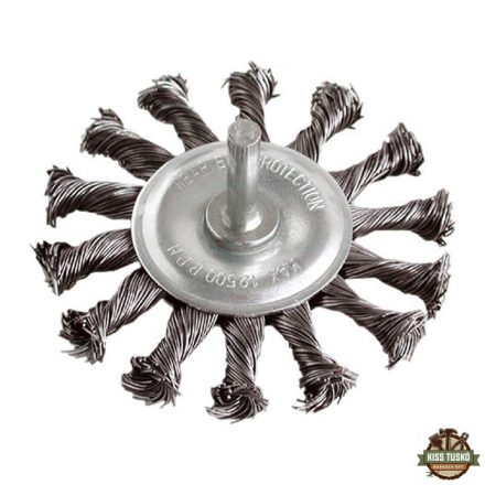 drótcsiszoló körkefe, 75mm, fúrógépbe fogható: 6mm csap, sodrott erős, hullámos szálú, max 12.500 ford/perc