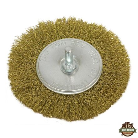 drótcsiszoló körkefe, 100 mm, fúrógépbe fogható: 6mm csap, rezezett acél, max. 4500 ford/perc