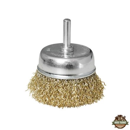 drótcsiszoló fazékkefe, csapos; 63mm, O 6mm-es csap, fúróba fogható, hullámos szálú, rezezett acél, max 4500 ford/perc