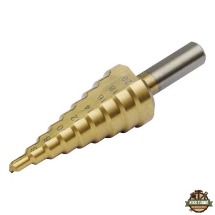 lépcsős fémfúró, 9 lépcsős; (4-20mm, 2mm lépcsők), befogás: 10mm, max. 4mm vastag anyagokhoz, TiN bevonat