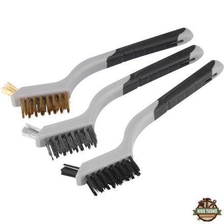 drótkefe klt., 3 db: nylon-, réz- és rozsdamentes acél szál, 3×8 sor, 180mm, kétkomponensű TPR+PP puha műanyag nyél