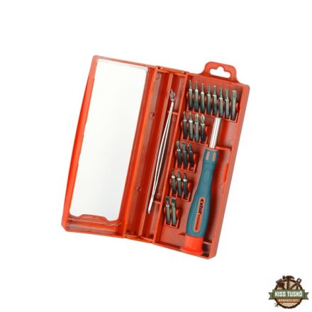órás csavarhúzó klt. 22 db C.V. bitekkel; lapos 1,5-3mm, PH000-PH1, PZ0-PZ1, imbusz: 1,5-3mm, torx: T6-20