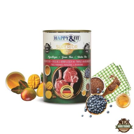 Happy&Fit Superior Dog konzerv friss marhahús mangóval, áfonyával 400g