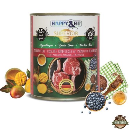 Happy&Fit Superior Dog konzerv friss marhahús mangóval, áfonyával 800g