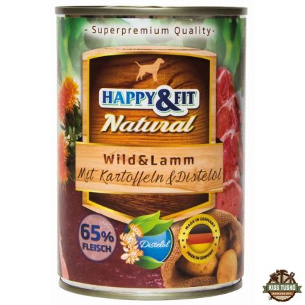 Happy&Fit Natural Dog konzerv vadhús, bárány burgonyával és sáfrányolajjal 400g