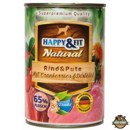 Happy&Fit Natural Dog konzerv marha, pulyka áfonyával és sáfrányolajjal 400g