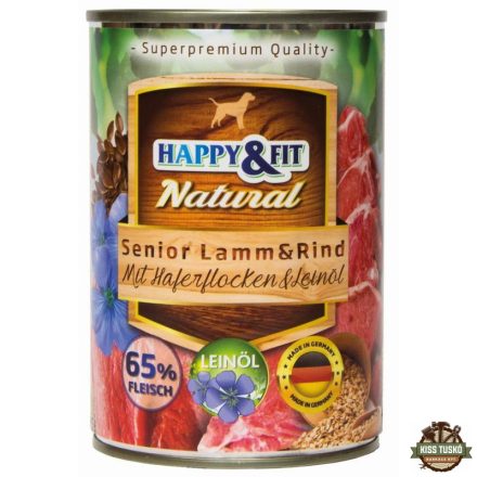 Happy&Fit Natural Dog konzerv senior bárány, marha zabliszttel és lenmagolajjal 400g