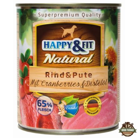 Happy&Fit Natural Dog konzerv marha, pulyka áfonyával és sáfrányolajjal 800g