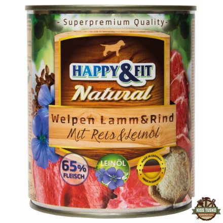 Happy&Fit Natural Dog konzerv junior bárány, marha rizzsel és lenmagolajjal 800g