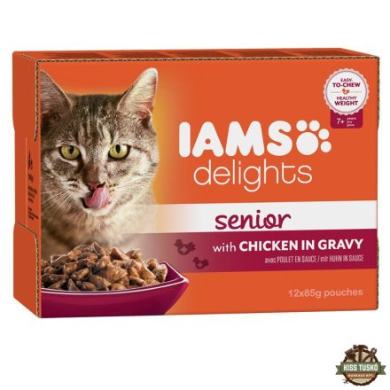 Iams Cat Delights Senior csirke falatkák ízletes szószban, multipack nedves macskatáp 12x85g