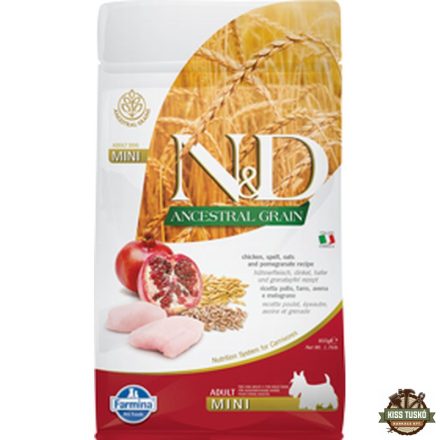 N&D Dog Ancestral Grain csirke, tönköly, zab & gránátalma adult mini 800g
