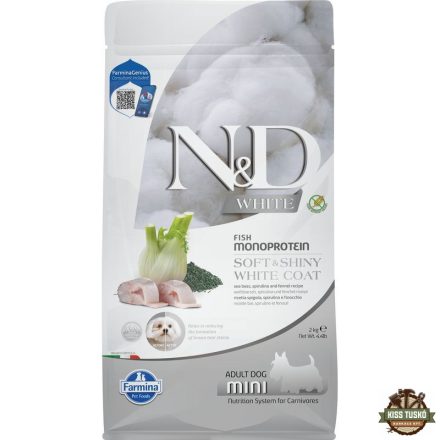 N&D Soft&Shiny White Coat Dog tengeri sügér, spirulina&édeskömény adult mini 2kg