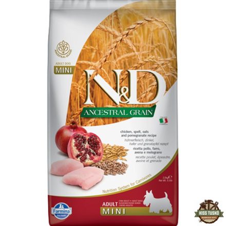 N&D Dog Ancestral Grain csirke, tönköly, zab & gránátalma adult mini 2,5kg
