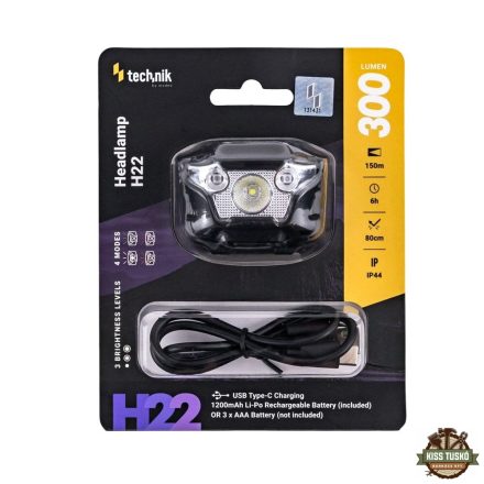 Technik Fejlámpa H22 (akkumulátoros / 3xAAA) XPG3 LED + Type-C (300 lumen)