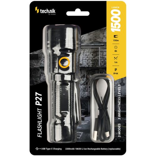 Technik Elemlámpa P27 (1x18650 2200mAh) 3XTE LED + USB-C (1500 lumen)