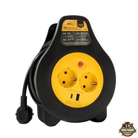Technik Professional Kábeldob 2 utas 10m +1 x USB-A +1 x USB-C 1,5mm2 16A