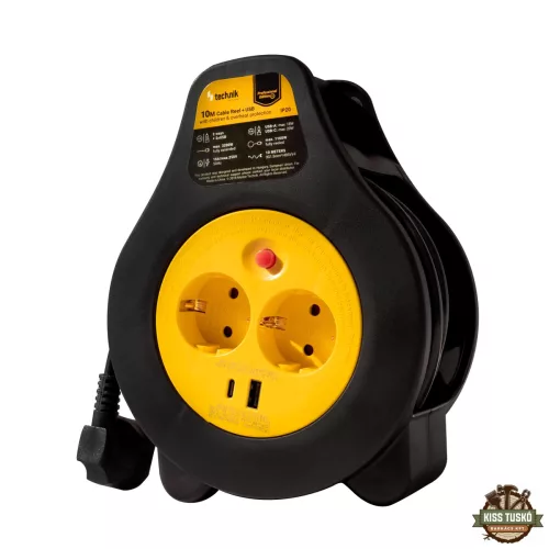 Technik Professional Kábeldob 2 utas 10m +1 x USB-A +1 x USB-C 1,5mm2 16A