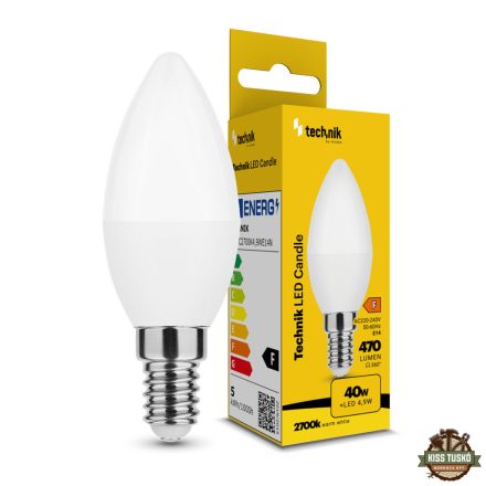 Technik LED Izzó Gyertya (Candle) C37 4,9W E14 200° 2700K (470 lumen) ERP