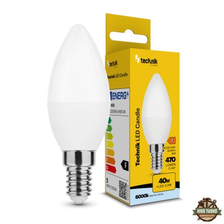 Technik LED Izzó Gyertya (Candle) C37 4,9W E14 200° 6000K (470 lumen) ERP