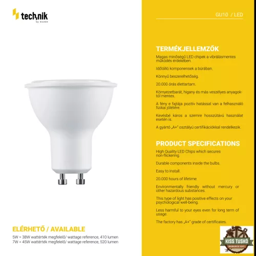 Technik LED Izzó Spot Alu-Plastic 7W GU10 100° 2700K (520 lumen)