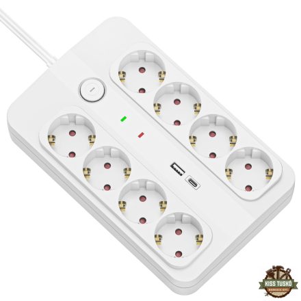 Technik Professional Elosztó 8 utas 1,5m 1,5mm2 +USB-A-C +surge +kapcsoló 16A