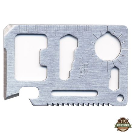 túlélő kártya, 11 funkciós, tokkal; 6,9×4,5×0,2cm, inox