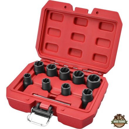 csavarkiszedő klt. TWIST; 3/8" befogás, 9db fej: 10, 11, 12, 13, 14, 15, 16, 17, 19mm, 1 db kiütőrúd, CrMo, műanyag kof.