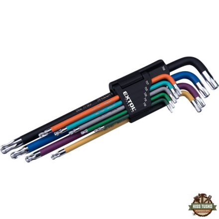 torx kulcs klt., 9db, több színű, extra hosszú, T10-T50, hosszú szár: tömör/gömbfej, rövid szár: lyukas, S2, krómozott