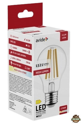 Avide LED Filament Globe 10.5W E27 A65 WW 2700K High Lumen